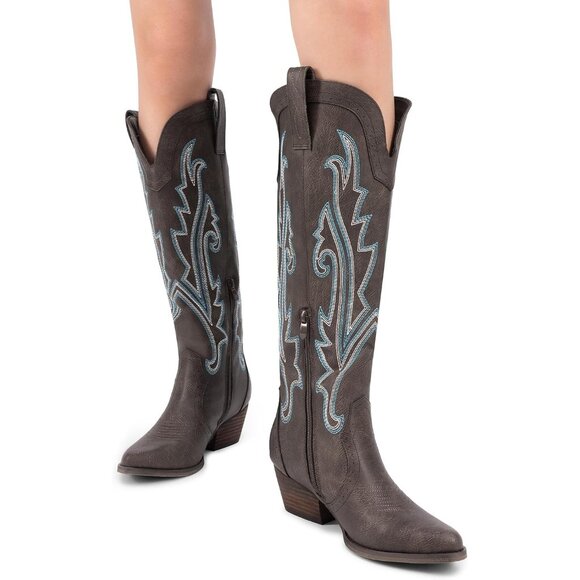 Womens Faux Leather Brown Embroidered Side Zipper Chunky Heel Retro Tall Boot - Picture 7 of 9